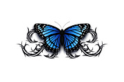 Realistic butterfly icon on top of abstract tribal.