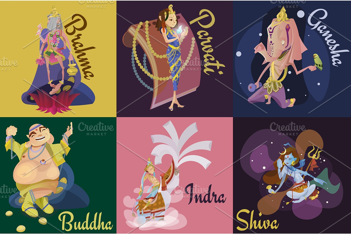 Set of isolated hindu gods meditation in yoga poses lotus and Goddess hinduism religion, traditional asian culture spiritual mythology, deity worship festival vector illustrations, T-shirt concepts in Illustrations - product preview 8
