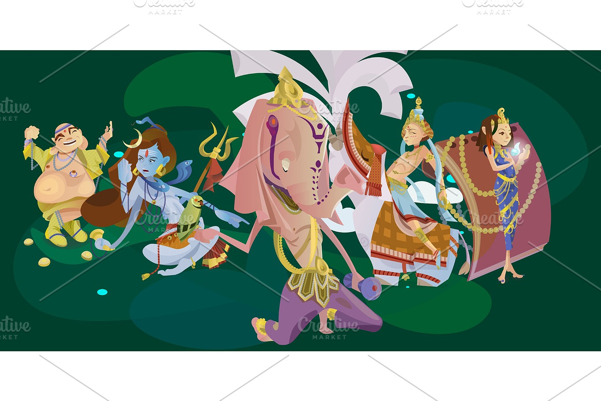 Set of isolated Indian Gods meditation in yoga poses lotus and Goddess hinduism religion, traditional asian culture spiritual mythology, deity worship festival vector illustrations, T-shirt concepts in Illustrations - product preview 8