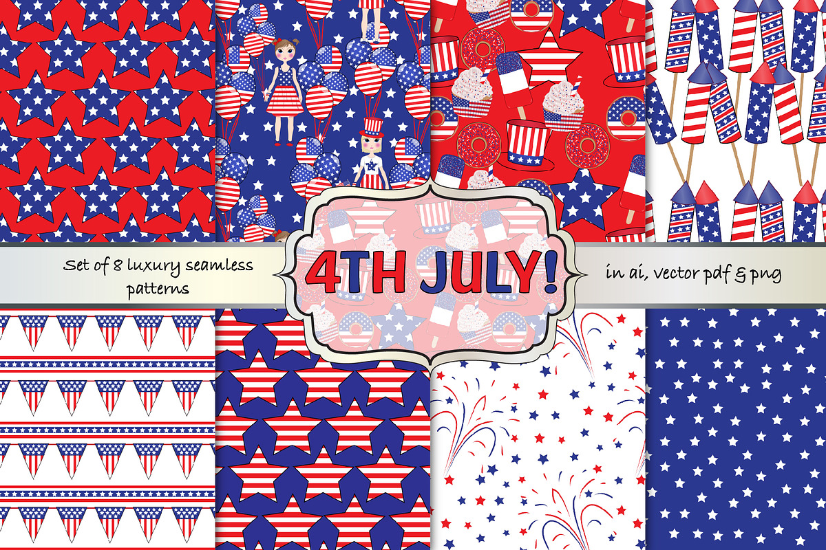 4th July seamless vector pattern set in Patterns - product preview 8
