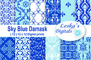 Blue Damask Digital Paper Patterns