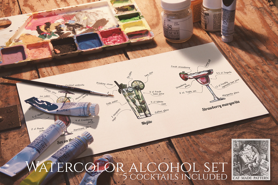 Watercolor alcohol cocktails set
