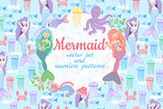 Mermaids and sea life. Vector set.