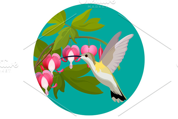 Bleeding heart flowers and hummingbird isolated realistic vector illustration