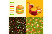 Set of burger grilled beef vegetables dressed with sauce bun snack, hamburger fast food meal menu barbecue meat with detailed individual flying slices menu ingredients vecor illustration background