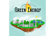 renewable ecology energy icons, green city power alternative resources concept, environment save new technology, solar and wind electricity vector illustration