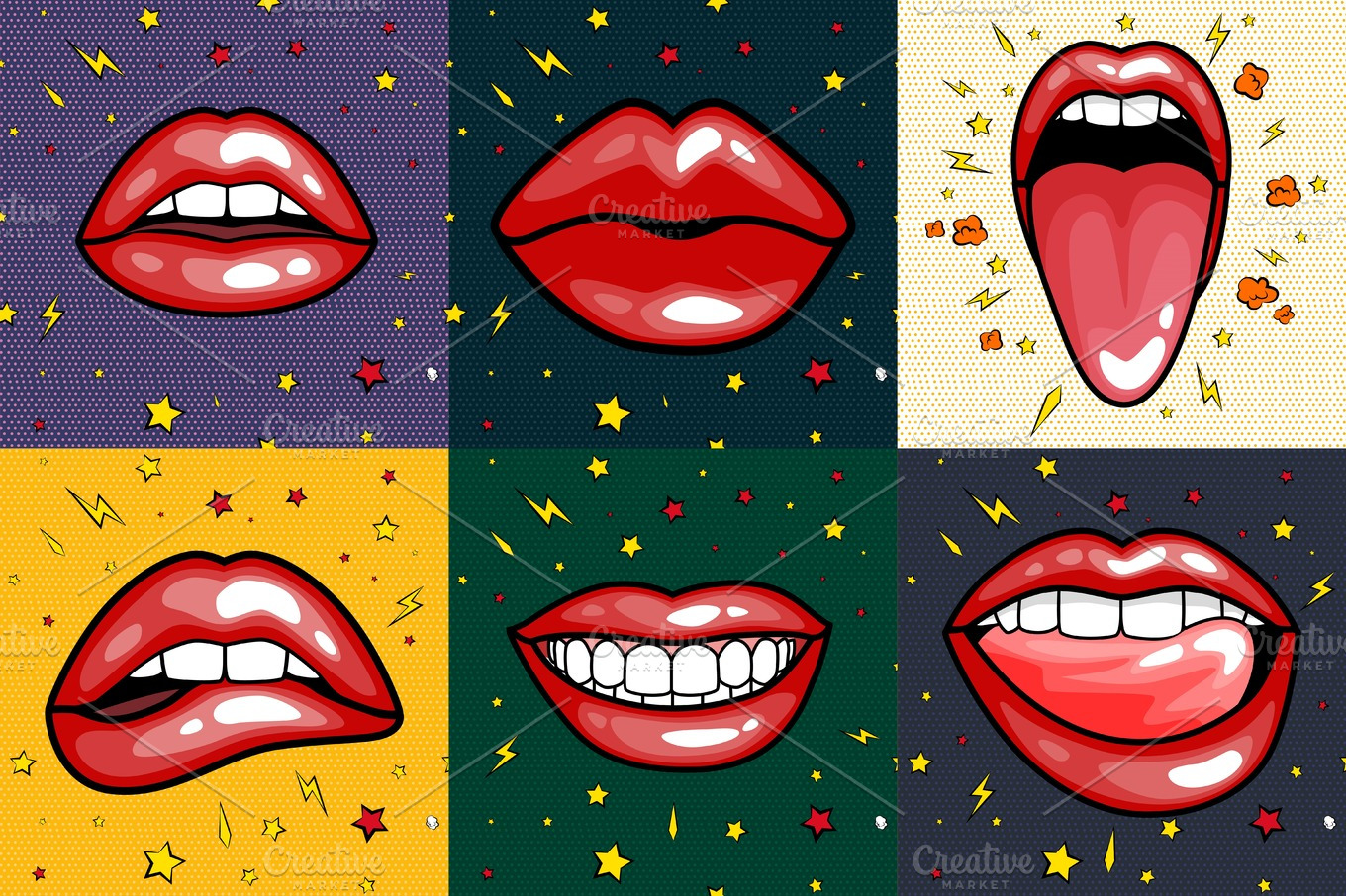 Fashion girls lips with red lipstick in cartoon pop art style patch