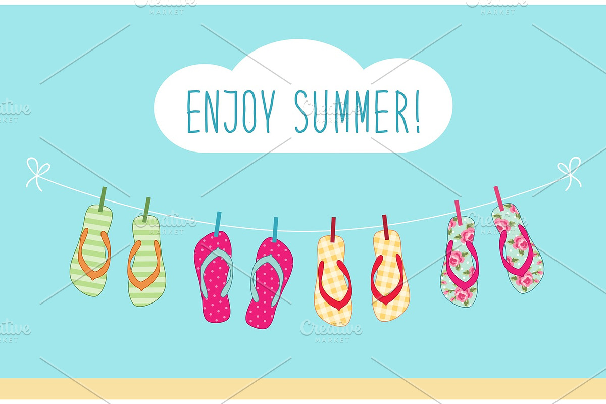 Cute colorful summer banner with flip flops hanging on the rope in Illustrations - product preview 8