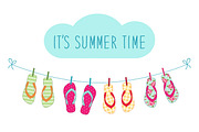 Cute colorful summer banner with flip flops hanging on the rope