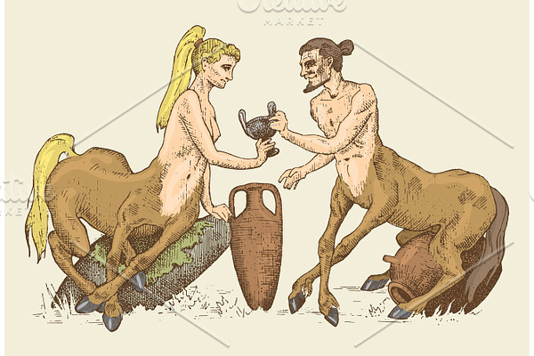 two Centaurus sharing wine illustration, hand drawn or engraved old looking fantastic, fairytale beasts half man with horse body, greek mythology