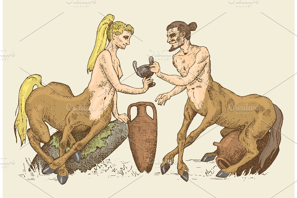 two Centaurus sharing wine illustration, hand drawn or engraved old looking fantastic, fairytale beasts half man with horse body, greek mythology in Illustrations - product preview 8