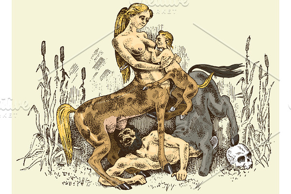 female Centaurus feeding her baby illustration, hand drawn or engraved old looking fantastic, fairytale beasts half man with horse body, greek mythology