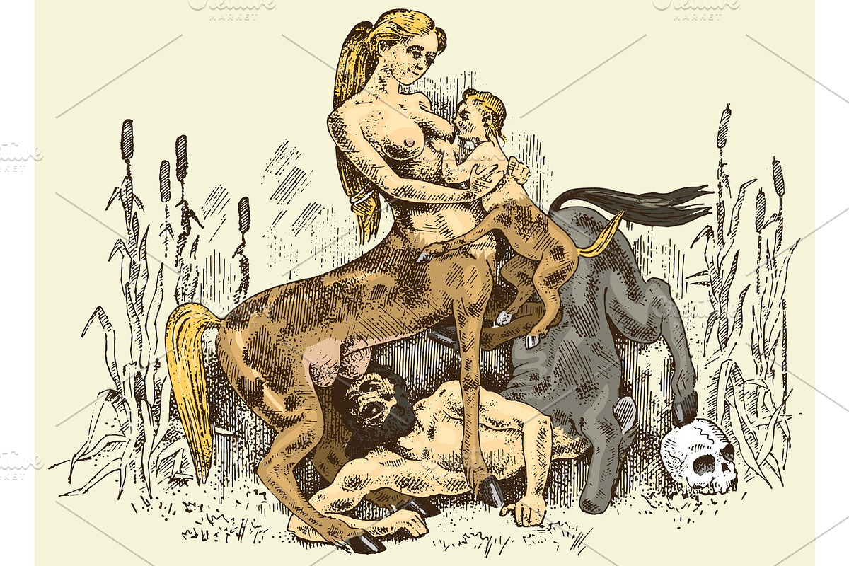 female Centaurus feeding her baby illustration, hand drawn or engraved old looking fantastic, fairytale beasts half man with horse body, greek mythology in Illustrations - product preview 8