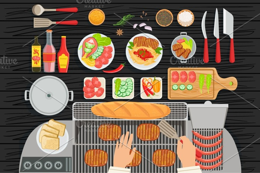 Grill Restaurant Cooking Table Elements Set View From Above in Illustrations - product preview 8