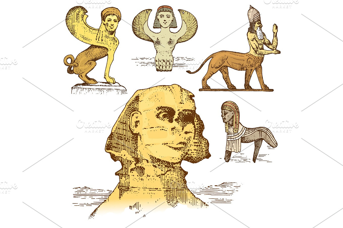 egyptian sphinx and other fantastic creatures, mythology symbols of ancient civilisations, centaurus in Illustrations - product preview 8
