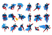 Superhero With Blue Cape In Different Comics Classic Poses Stickers