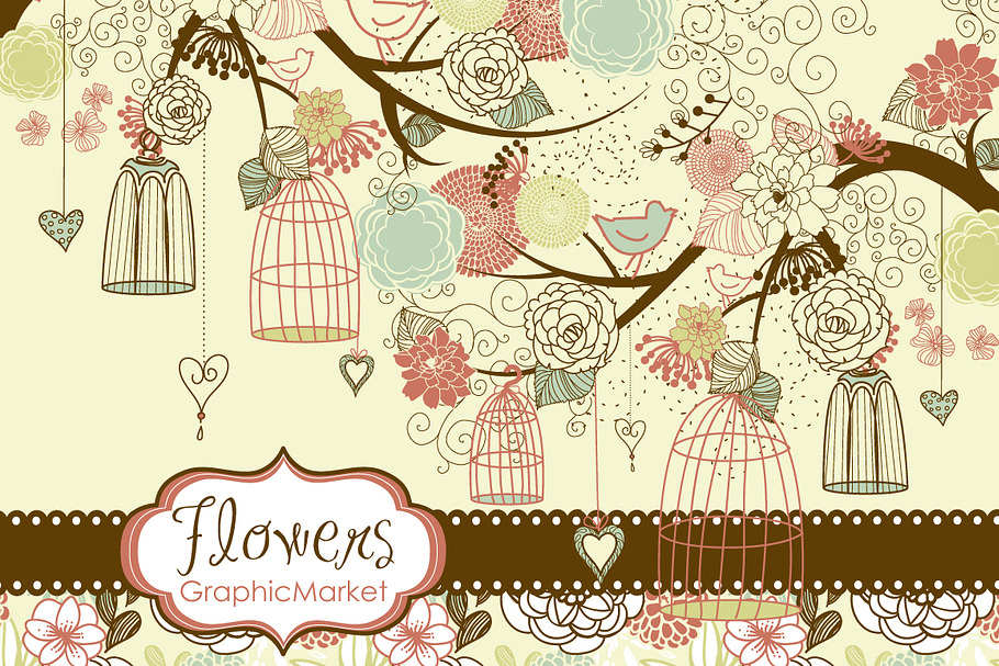 Flower birds clip art, digital paper in Illustrations - product preview 8