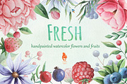 Fresh, Watercolor Flowers and Fruits