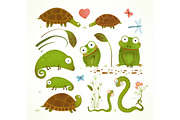 Cartoon Green Reptile Animals Set