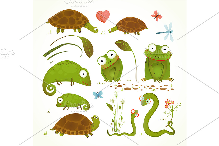 Cartoon Green Reptile Animals Set in Illustrations - product preview 8