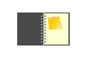 Open grey cover notebook with yellow sticker