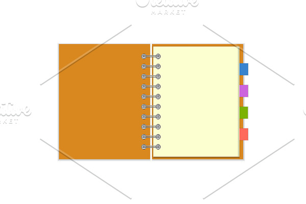Blank spiral notebook with colorful bookmarks