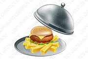 Burger and chips on a silver platter
