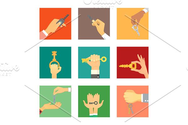 Hands holding key apartment selling human gesture sign security house concept vector illustration.
