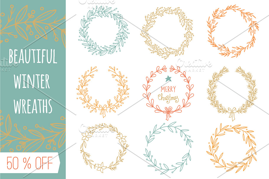 Set of hand drawn winter wreaths in Objects - product preview 8