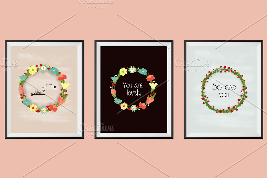 3 Flower Wreath Posters