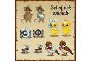 Sick and healthy cartoon animals 