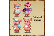 Sick and healthy pig. Vector animal