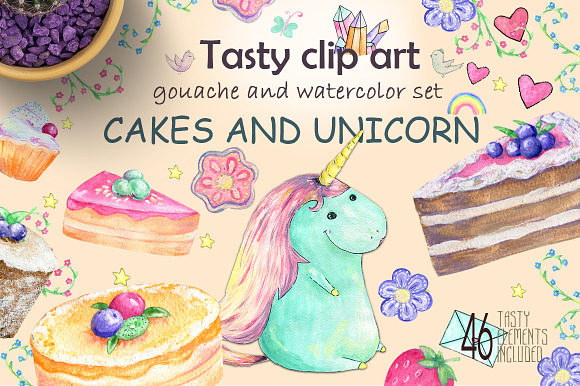 Cakes & Unicorn. Tasty Watercolor in Illustrations - product preview 5