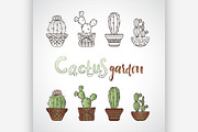 Hand drawn sketch, vector cactus set