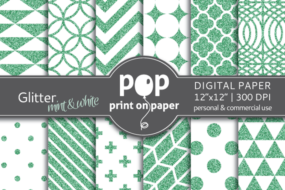 Glitter Mint & White Digital Paper in Patterns - product preview 8