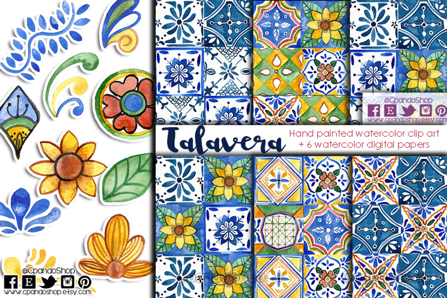 Talavera mexican clip art + DP in Patterns - product preview 8