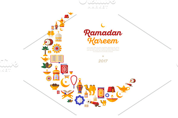 Ramadan Kareem moon with flat arabic icons
