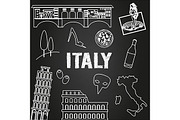 Italy travel symbols on chalkboard