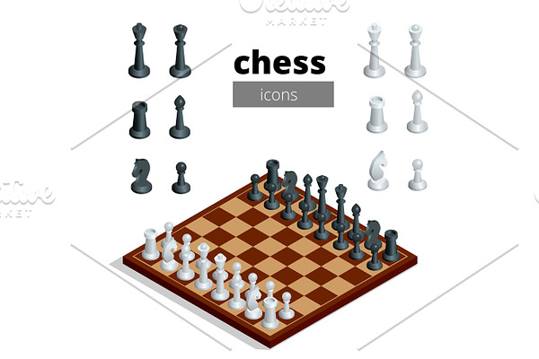 Chess icons. Flat 3d isometric vector illustration. White board 