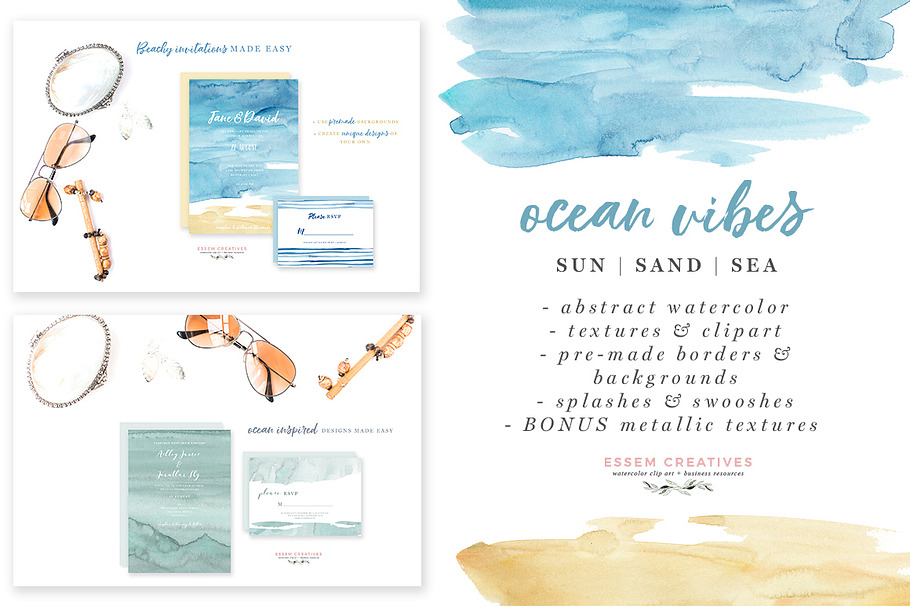 Ocean & Beach Watercolor Backgrounds in Illustrations - product preview 8