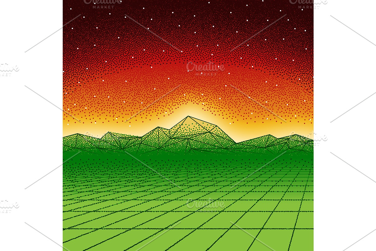 Retro hipster dotwork landscape with triangular mountains in Illustrations - product preview 8
