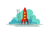 Red rocket color illustration. Flat style. The startup metaphor. Ready to start. The beginning path to the stars.