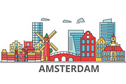 Amsterdam city skyline. Buildings, streets, silhouette, architecture, landscape, panorama, landmarks. Editable strokes. Flat design line vector illustration concept. Isolated icons on white background