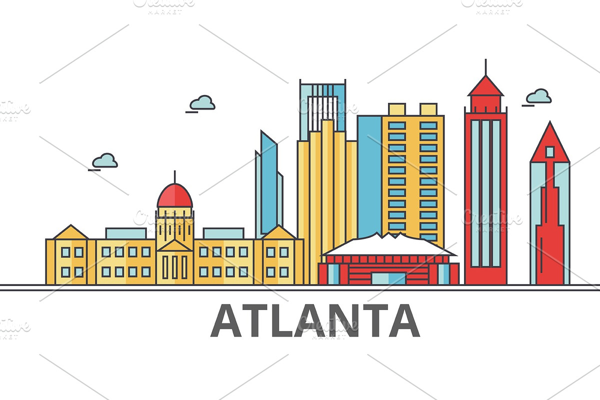 Atlanta city skyline. Buildings, streets, silhouette, architecture, landscape, panorama, landmarks. Editable strokes. Flat design line vector illustration concept. Isolated icons on white background in Illustrations - product preview 8
