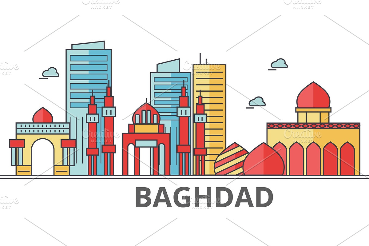 Baghdad city skyline. Buildings, streets, silhouette, architecture, landscape, panorama, landmarks. Editable strokes. Flat design line vector illustration concept. Isolated icons on white background in Illustrations - product preview 8