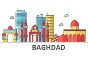 Baghdad city skyline. Buildings, streets, silhouette, architecture, landscape, panorama, landmarks. Editable strokes. Flat design line vector illustration concept. Isolated icons on white background