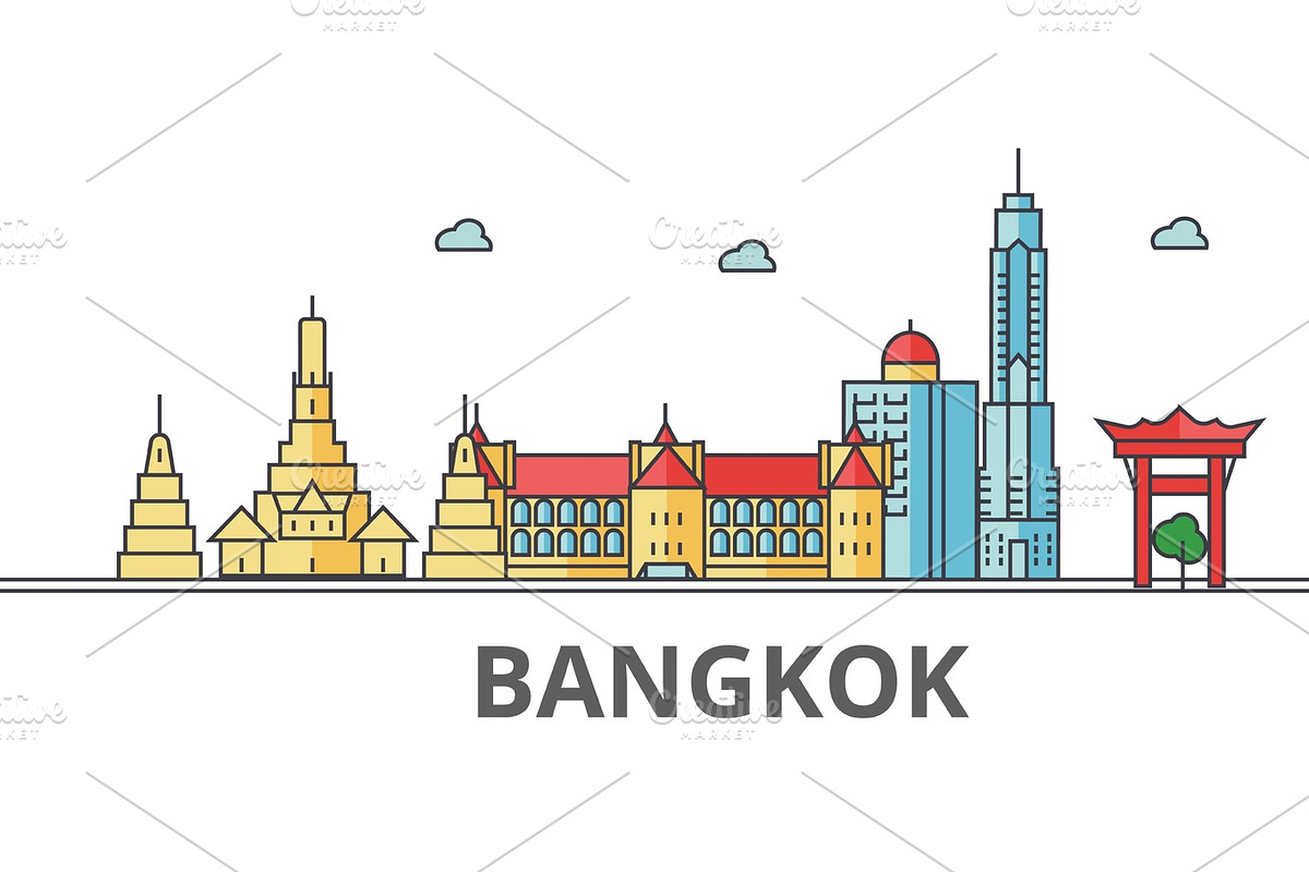 Bangkok city skyline. Buildings, streets, silhouette, architecture, landscape, panorama, landmarks. Editable strokes. Flat design line vector illustration concept. Isolated icons on white background in Illustrations - product preview 8