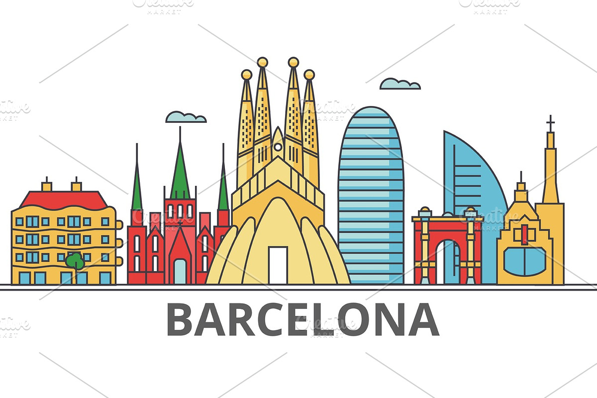 Barcelona city skyline. Buildings, streets, silhouette, architecture, landscape, panorama, landmarks. Editable strokes. Flat design line vector illustration concept. Isolated icons on white background in Illustrations - product preview 8