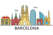 Barcelona city skyline. Buildings, streets, silhouette, architecture, landscape, panorama, landmarks. Editable strokes. Flat design line vector illustration concept. Isolated icons on white background