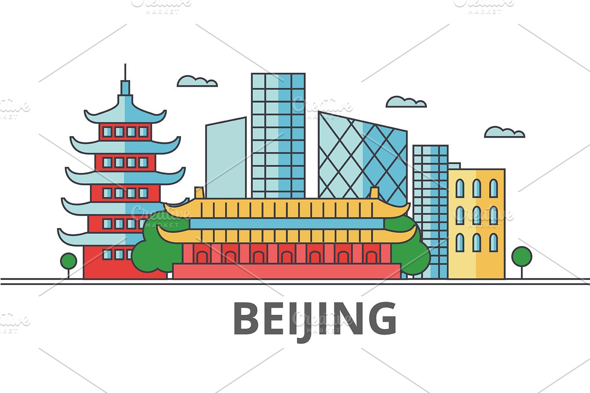 Beijing city skyline. Buildings, streets, silhouette, architecture, landscape, panorama, landmarks. Editable strokes. Flat design line vector illustration concept. Isolated icons on white background in Illustrations - product preview 8